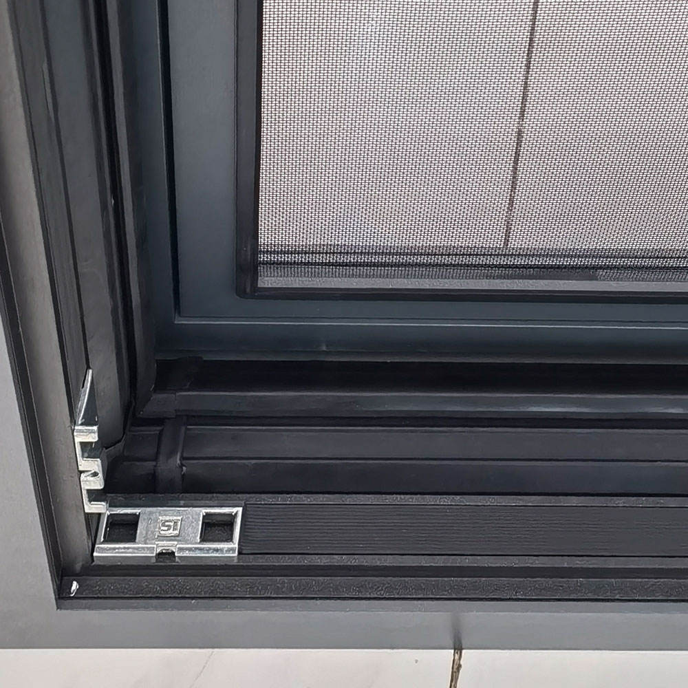 Rothnow® aluminum 108 Series casement window with black frame and integrated bug screen, 1000mm x 1000mm size.