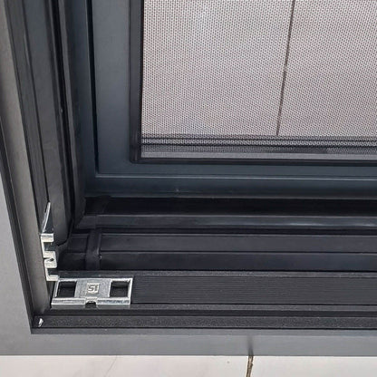 Rothnow® aluminum 108 Series casement window with black frame and integrated bug screen, 1000mm x 1000mm size.