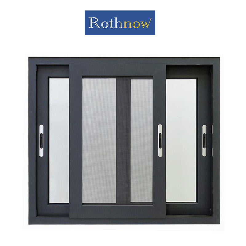 Rothnow® Aluminum Window 126 Series sliding window with bug screen and frosted glass, black frame, 1000mm x 1000mm size