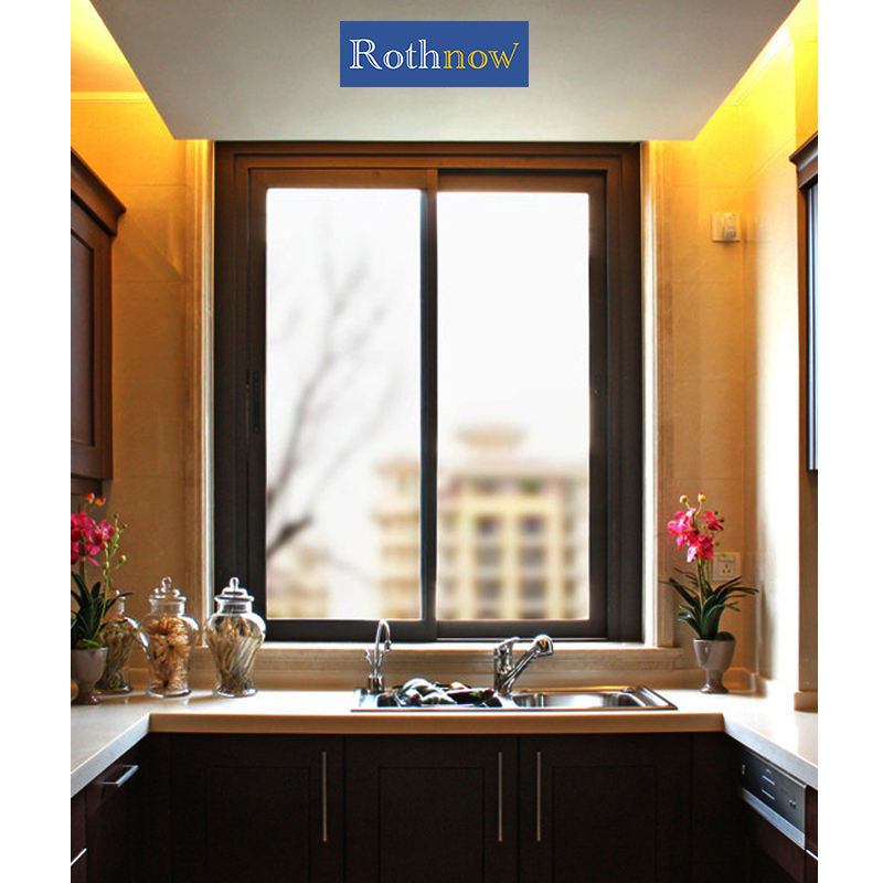Rothnow® Aluminum Window 126 Series sliding window with bug screen and frosted glass, black frame, 1000mm x 1000mm.
