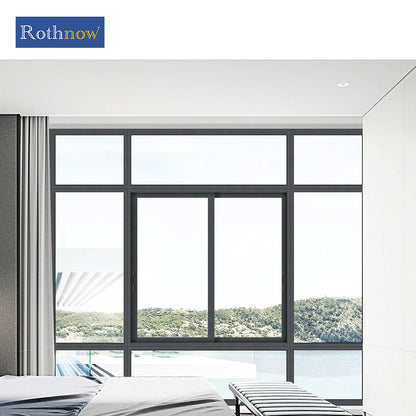 Rothnow® Aluminum Window 126 Series thermal break sliding window, 1000mm x 1000mm black frame, with clear glass and modern design.