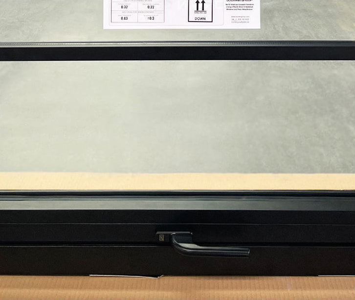Rothnow® Aluminum Window 50 Series awning window with black frame and decorative strips, showing open window with clear glass panes.