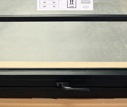 Rothnow® Aluminum Window 50 Series awning window with black frame and decorative strips, showing open window with clear glass panes.