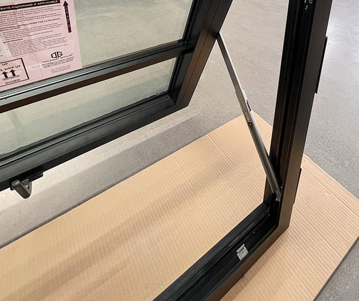 Rothnow® 50 Series aluminum awning window with black frame and decorative strips, 1000mm wide by 1000mm high.