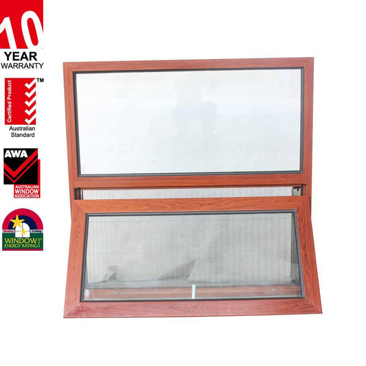 Rothnow Aluminum 50 Series Awning Window with wood grain finish, 1000mm W x 1000mm H, black frame and clear glass.