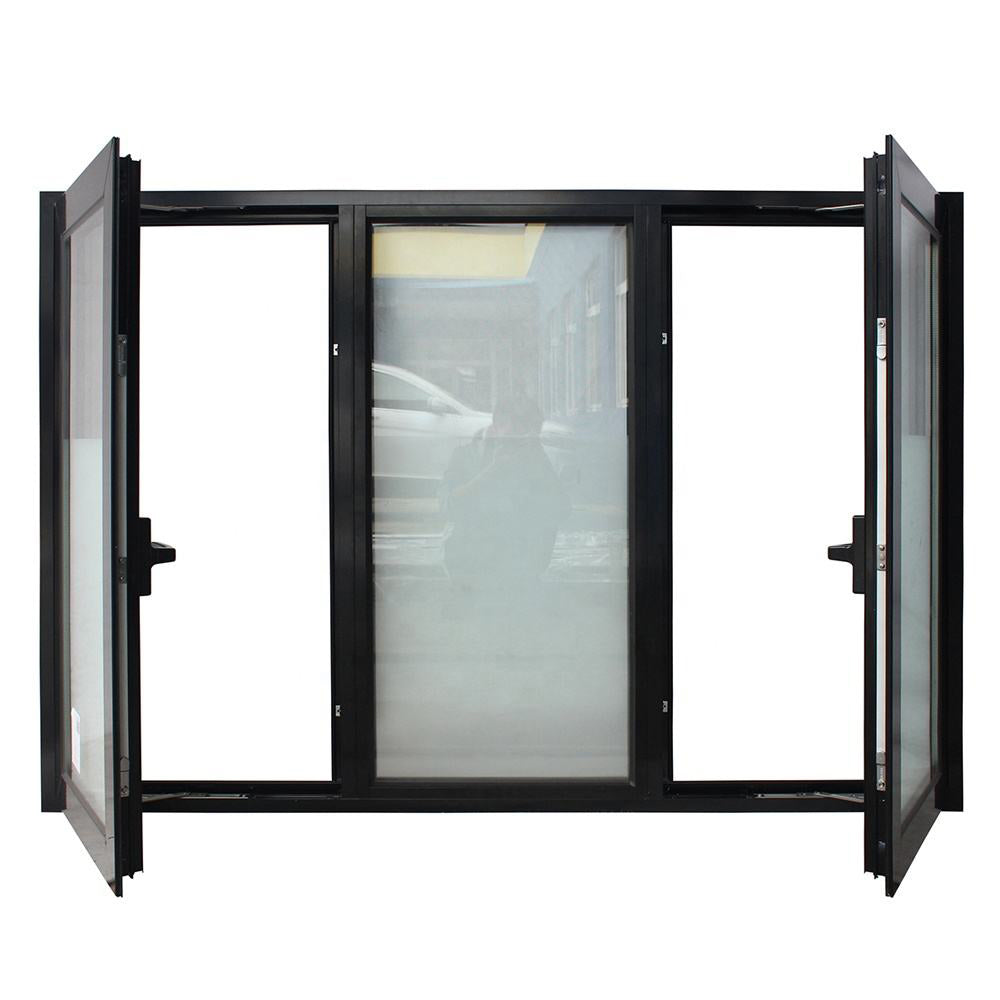 Rothnow® Aluminum 50 Series Casement Window, 1000mm W x 1000mm H, black frame, open window with glass panes.