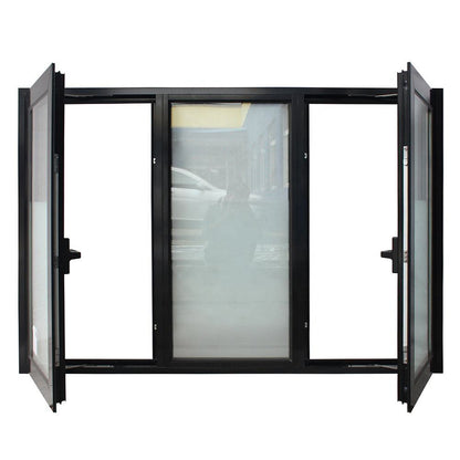 Rothnow® Aluminum 50 Series Casement Window, 1000mm W x 1000mm H, black frame, open window with glass panes.