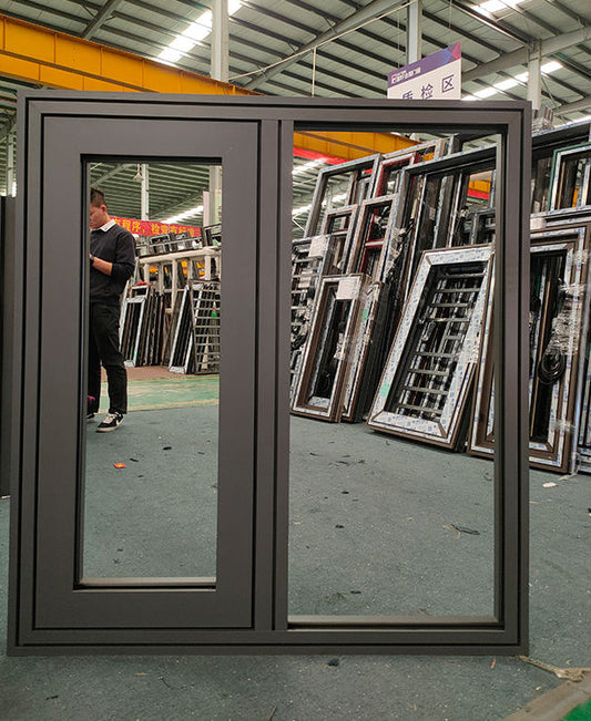 Black Rothnow aluminum 50 Series casement window with 1000mm x 1000mm dimensions for apartments, showing the window frame and glass.