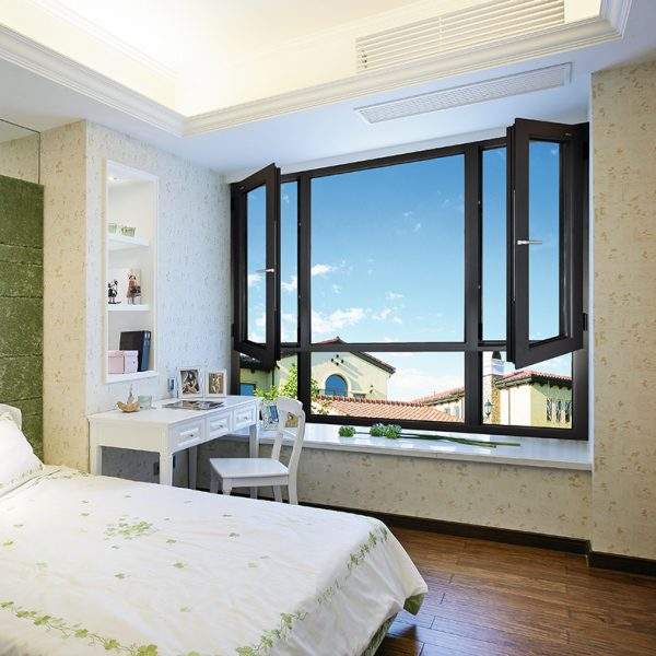 Rothnow® aluminum 50 Series casement window, 1000mm W x 1000mm H, black finish, with open sash and hardware visible.