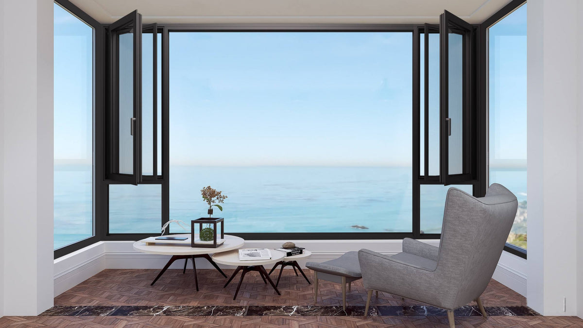 Rothnow® Aluminum 50 Series Casement Window in black, 1000mm width by 1000mm height, with open window showing frame and glass pane.