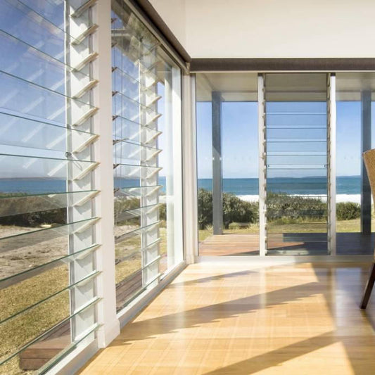 Rothnow® Aluminum Window 50 Series louver window with black frame and glass louvers, 1000mm x 1000mm.