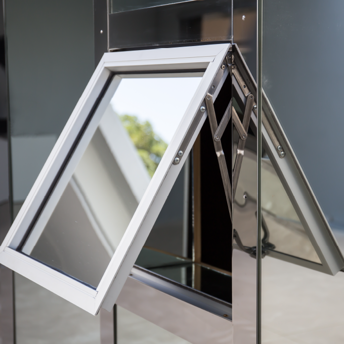 Rothnow® Aluminum 55 Series Awning Window, 1000mm W x 1000mm H, black frame, modern design, fully opened window showing glass and frame.