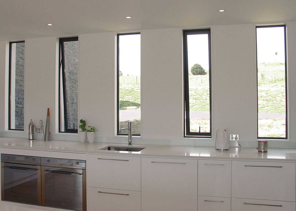 Rothnow® 55 Series aluminum awning window with black frame, 1000mm wide by 1000mm high, open window with glass pane.