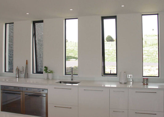 Rothnow® 55 Series aluminum awning window with black frame, 1000mm wide by 1000mm high, open window with glass pane.
