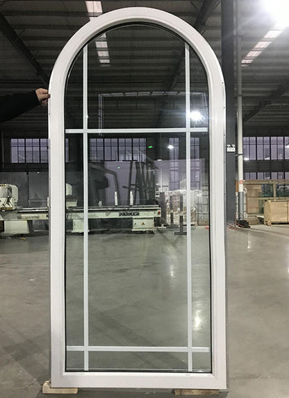 Rothnow® Aluminum 55 Series casement window in arched shape, black finish, with clear glass and modern window frame design.