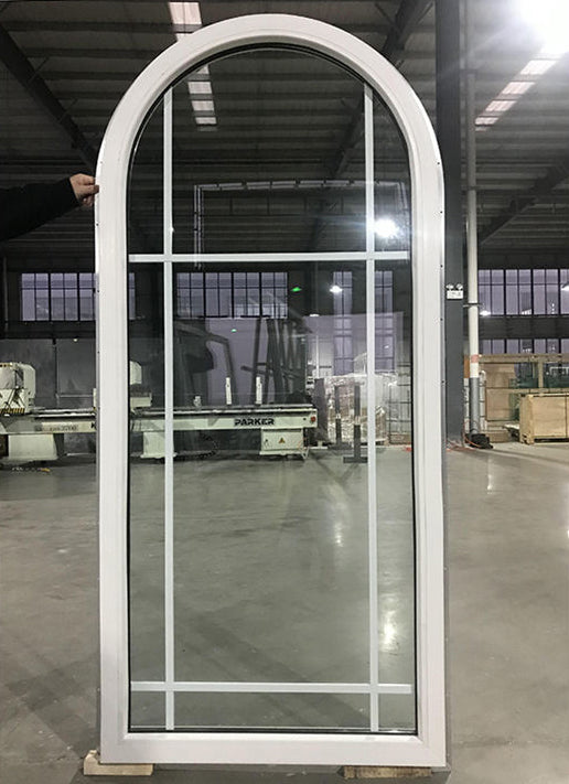 Rothnow® Aluminum 55 Series casement window in arched shape, black finish, with clear glass and modern window frame design.