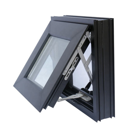 Rothnow Aluminum Window 55 Series Chain Winder Awning Window, black frame, open window showing chain winder mechanism.