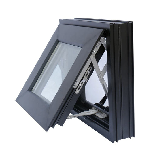 Rothnow Aluminum Window 55 Series Chain Winder Awning Window, black frame, open window showing chain winder mechanism.