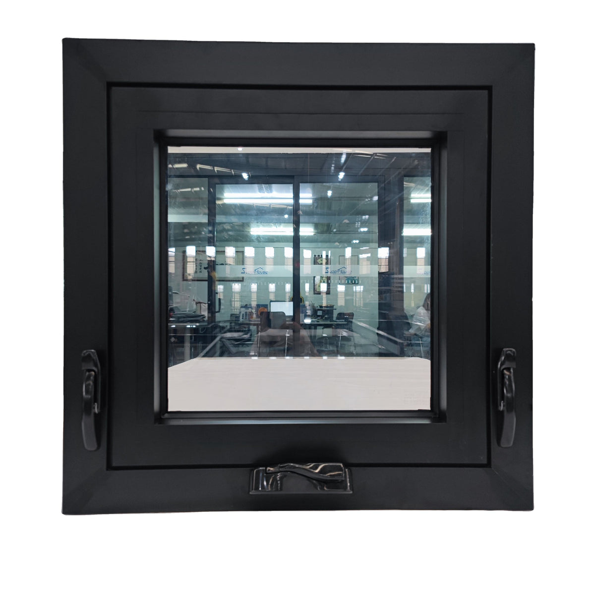 Rothnow Aluminum Window 55 Series Chain Winder Awning Window, black finish, with open window showing chain winder mechanism.