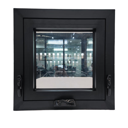 Rothnow Aluminum Window 55 Series Chain Winder Awning Window, black finish, with open window showing chain winder mechanism.