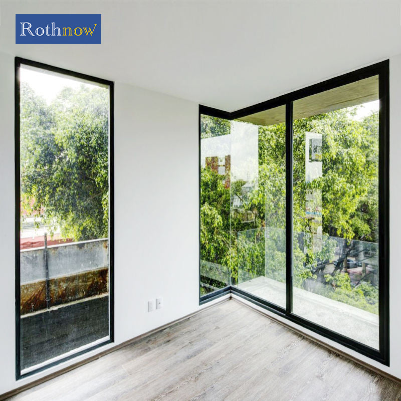 Rothnow® Aluminum Window 55 Series fixed window with black frame and decorative strips, measuring 1000mm W x 1000mm H.