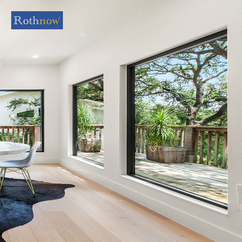 Rothnow® Aluminum 55 Series Fixed Window with decorative strips, black finish, 1000mm x 1000mm window for modern home design.