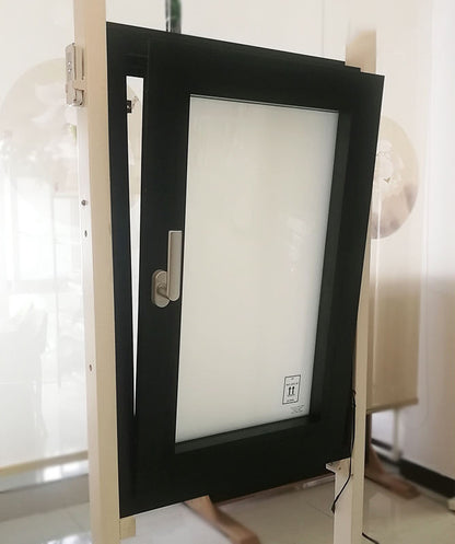 Rothnow Aluminum 55 Series Tilt & Turn Window with auto-frosted glass, 1000mm x 1000mm, black thermal break window.