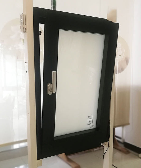 Rothnow Aluminum 55 Series Tilt & Turn Window with auto-frosted glass, 1000mm x 1000mm, black thermal break window.