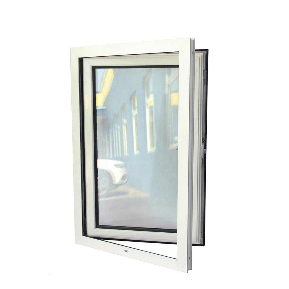 White Rothnow® 55 Series aluminum tilt and turn window with thermal break, shown with open tilt position and black exterior frame.