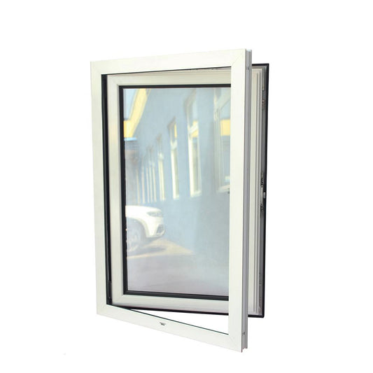 White Rothnow® 55 Series aluminum tilt and turn window with thermal break, shown with open tilt position and black exterior frame.