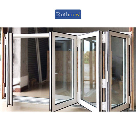 Rothnow® Aluminum 70 Series folding window for balcony, 1000mm x 1000mm, black finish, showcasing its sleek design and panes.