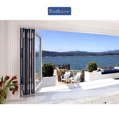 Rothnow® Aluminum 70 Series folding window for balcony, black frame, 1000mm W x 1000mm H, versatile and modern design.