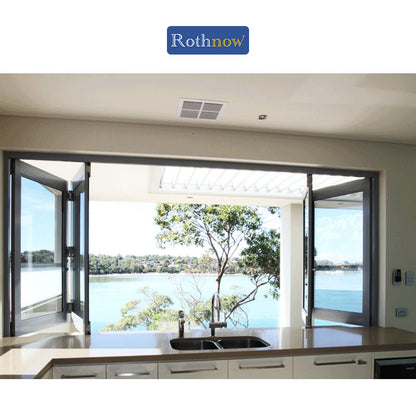 Rothnow aluminum 70 Series folding window with thermal break, black frame, 1000mm x 1000mm, showcasing the window's design and structure.