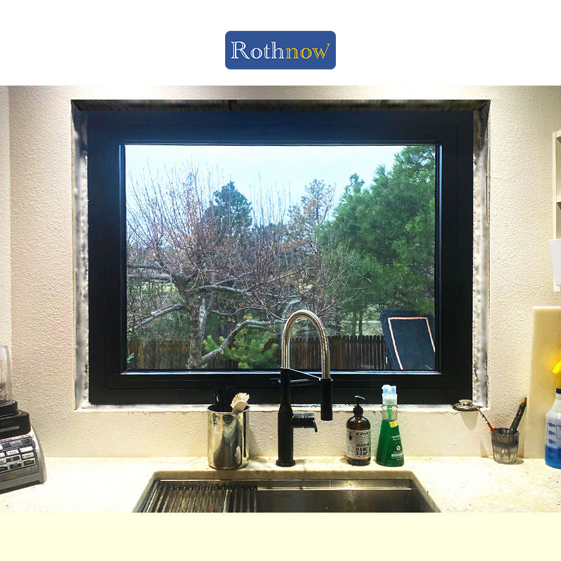 Rothnow Aluminum 70 Series Folding Window with thermal break, black frame, 1000mm x 1000mm, showcasing sleek design and durable construction.