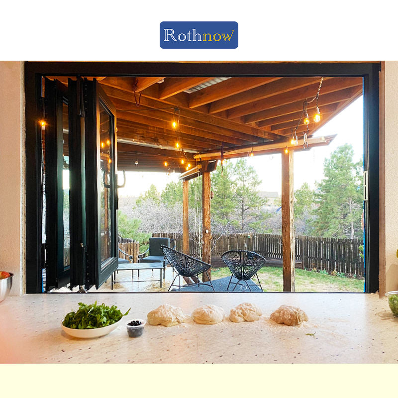 Rothnow® Aluminum 70 Series Folding Window with thermal break, black frame, 1000mm width by 1000mm height, modern window design.