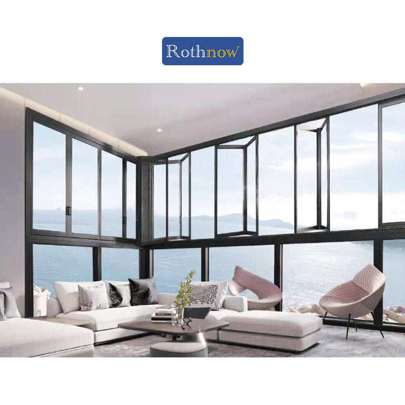 Rothnow® Aluminum Folding Window 70 Series with thermal break, black finish, 1000mm x 1000mm, showcasing sleek design and durable frame
