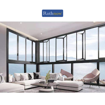 Rothnow® Aluminum Folding Window 70 Series with thermal break, black finish, 1000mm x 1000mm, showcasing sleek design and durable frame