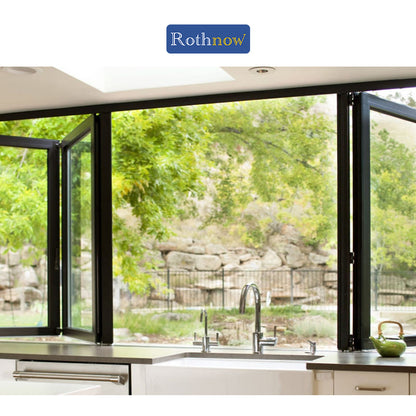 Rothnow Aluminum Window 70 Series folding window with thermal break, black finish, 1000mm x 1000mm size, with multiple glass panes.