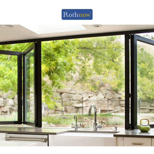 Rothnow Aluminum Window 70 Series folding window with thermal break, black finish, 1000mm x 1000mm size, with multiple glass panes.