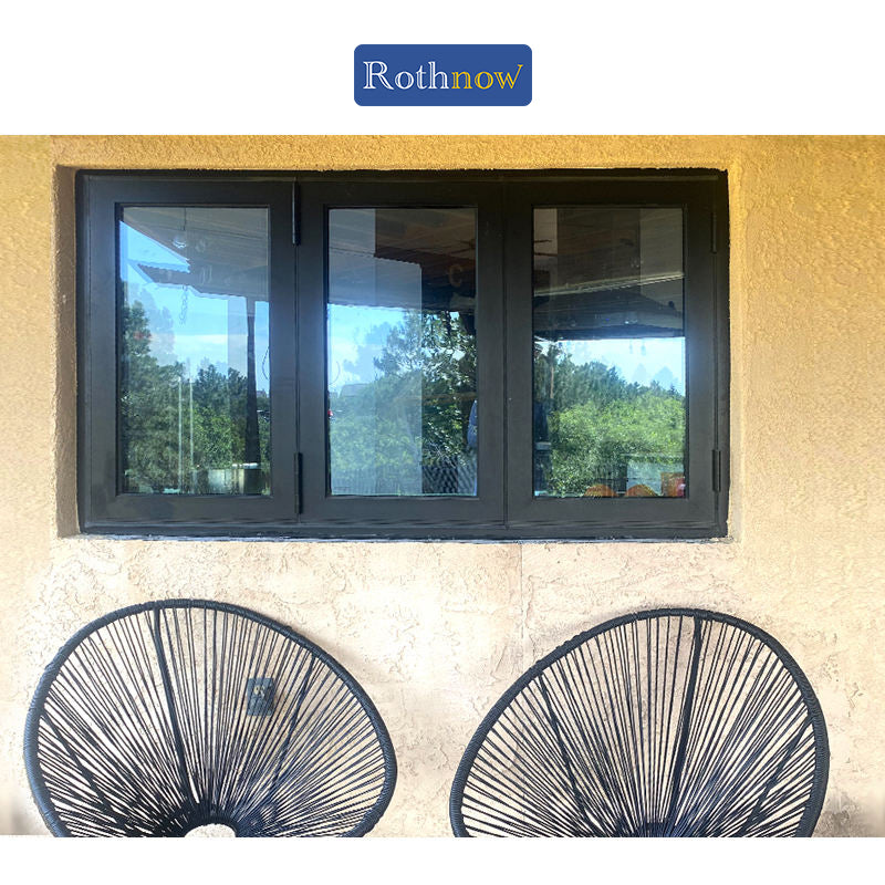 Rothnow® aluminum 70 Series folding window with thermal break, black finish, 1000mm x 1000mm, showcasing the window frame and glass.