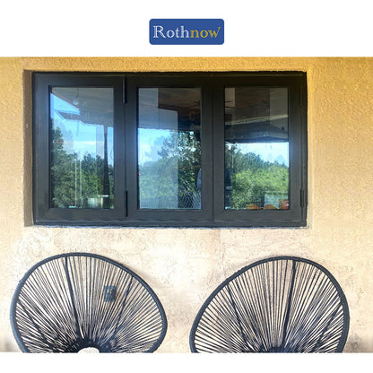 Rothnow® aluminum 70 Series folding window with thermal break, black finish, 1000mm x 1000mm, showcasing the window frame and glass.