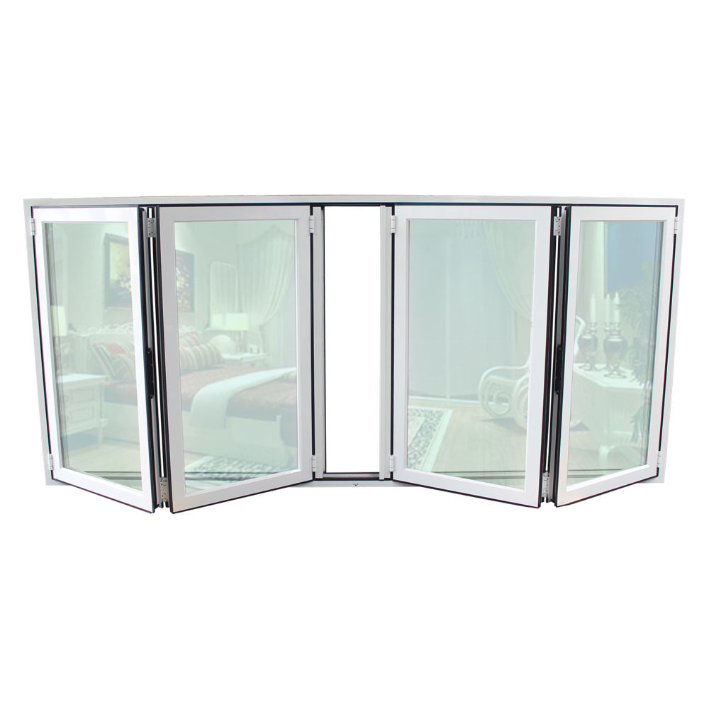 White Rothnow aluminum 70 series folding window, 1000mm x 1000mm with black frame, showcasing its sleek design and window panes.