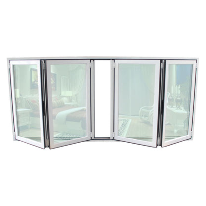 White Rothnow aluminum 70 series folding window, 1000mm x 1000mm with black frame, showcasing its sleek design and window panes.