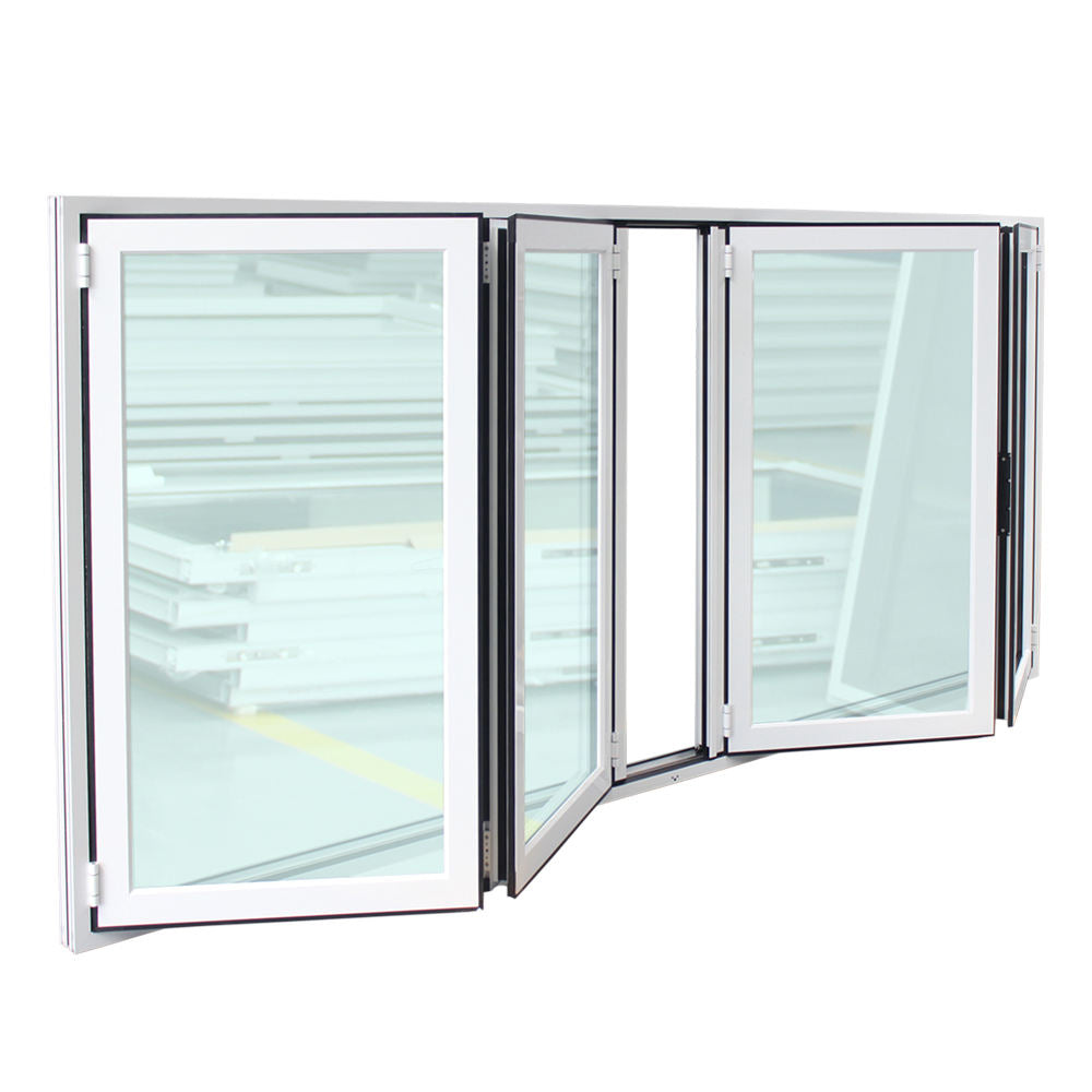 Rothnow Aluminum 70 Series Folding Window in white, 1000mm W x 1000mm H, with black frame accents, showcasing its folding design.