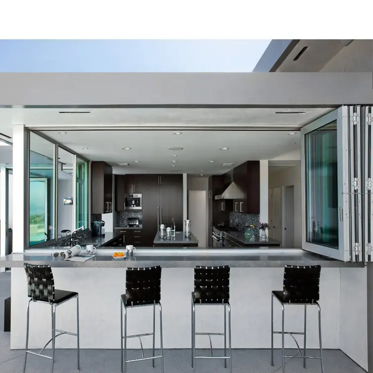 Rothnow® Aluminum 75 Series Folding Window in black, open showing multiple folding panels and sleek black frame.