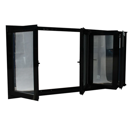 Rothnow Aluminum Window 75 Series Folding Window in black, 1000mm x 1000mm, showcasing sleek black metal frame and folding design
