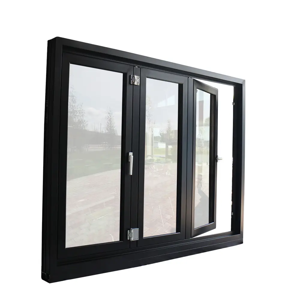 Rothnow® Aluminum 75 Series Folding Window in black, 1000mm wide by 1000mm high, with black aluminum frame and folding design