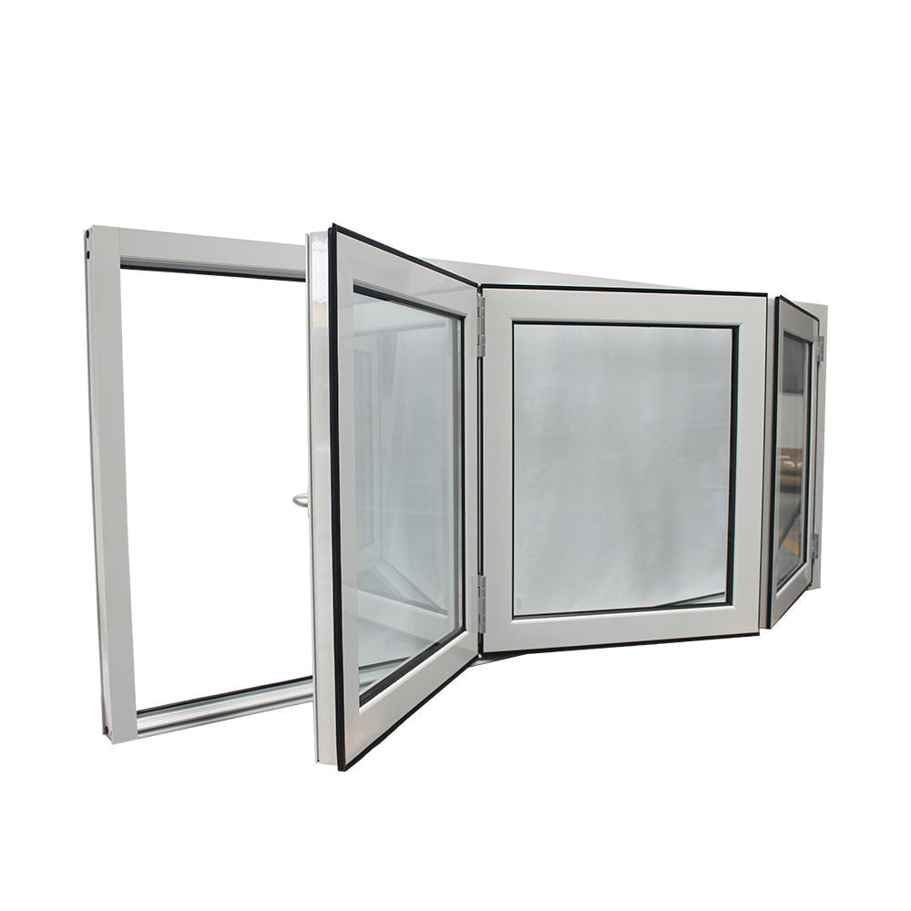 Rothnow® Aluminum 75 Series folding window with black frame and single glass, 1000mm wide by 1000mm high, opened to show folding design.