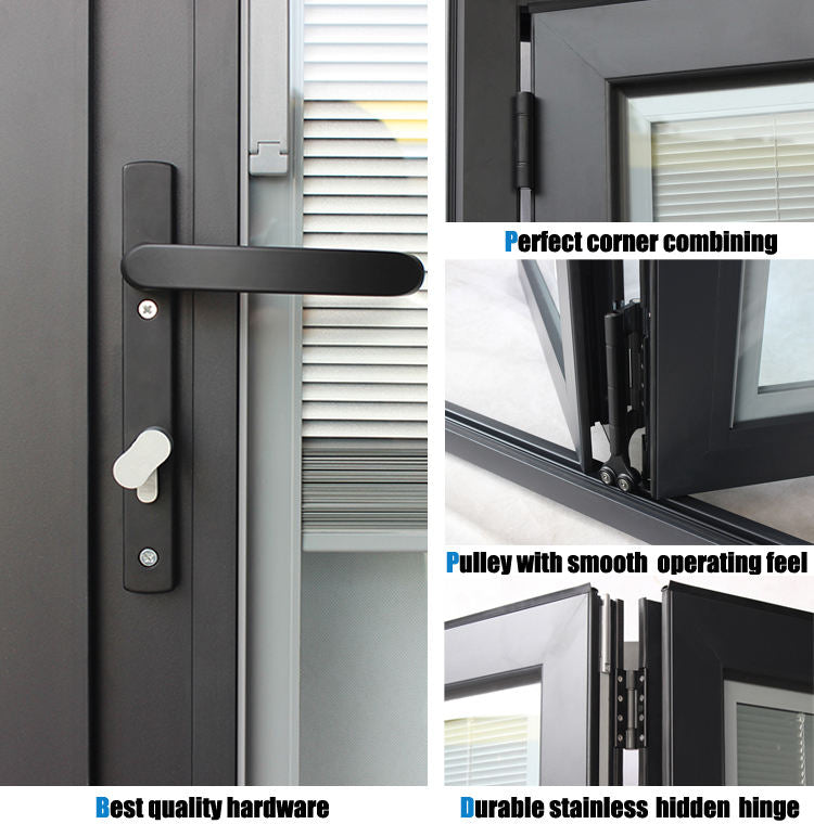 Rothnow® Aluminum Window 75 Series folding window with interior louver, black finish, 1000mm wide by 1000mm high