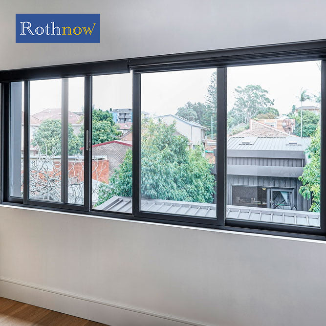 Rothnow aluminum 80 series sliding window in black, showing the sleek black frame and glass pane for modern home ventilation.